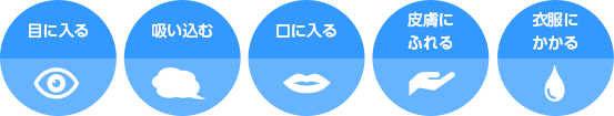 目に入る 吸い込む 口に入る 皮膚にふれる 衣服にかかる